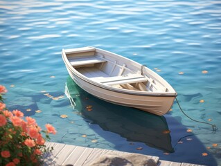 Obraz premium Tranquil rowboat floating on calm waters near a dock with blooming flowers on a sunny day, reflecting peace and serenity.
