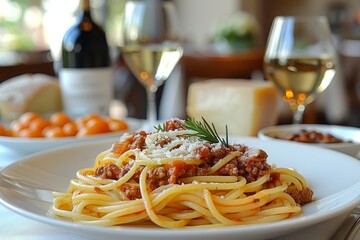 Tagliatelle al Raga: Fresh tagliatelle pasta served with a rich and meaty Bolognese sauce, garnished with grated Parmesan