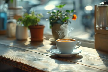 Fototapeta premium A white coffee cup with steam rising from it sits on a wooden table in a cafe