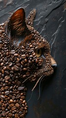 Obraz premium Artistic representation of a cat's face using brown coffee beans on a dark background, showcasing creative use of everyday items.