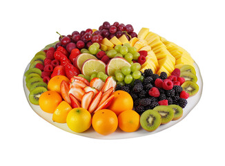 Create an image of a delicious and colorful fruit platter on a white background. png.