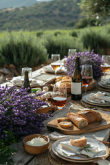 Table set with wine and bread in vineyard