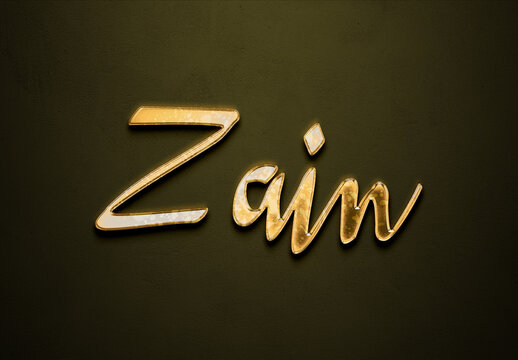 Old gold text effect of Arabic name Zain with 3D glossy style Mockup.