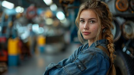 Fototapeta premium Capturing her strength and professional approach in a close-up portrait, a young, congenial woman mechanic exemplifies the new face of the auto repair industry.