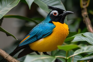 Colorful bird perched on tree branch with foliage, blurry background, nature scene