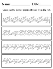 Sea Turtle Puzzle. Printable Activity Page for Kids. Educational Resources for School for Kids. Kids Activity Worksheet. Find the Different Object