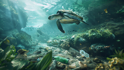 Fototapeta premium Sea turtle swimming in dirty water - ai generative