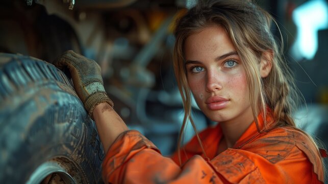 A young woman mechanic deftly handles the wheel and chassis of a vehicle as she undertakes tire-changing tasks at an auto service station.