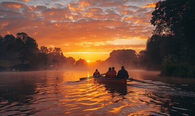 Rowers unloading boats into a river at sunrise