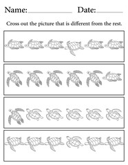 Sea Turtle Puzzle. Printable Activity Page for Kids. Educational Resources for School for Kids. Kids Activity Worksheet. Find the Different Object