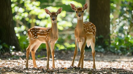 Young and adult deer standing together in the serene beauty of their woodland habitat