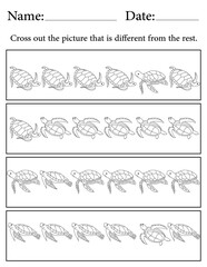 Sea Turtle Puzzle. Printable Activity Page for Kids. Educational Resources for School for Kids. Kids Activity Worksheet. Find the Different Object