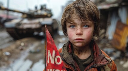 The tragic horrors of war play out as a brave child stands silently beside a spray-painted tank amidst the bleak consequences of combat.