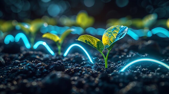 Close-up of seedlings with glowing blue lines in soil, representing futuristic agriculture and technology-enhanced plant growth.