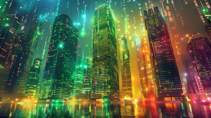 Obraz premium Brightly lit cityscape at night with towering skyscrapers and a digital code overlay, creating a futuristic, cyberpunk atmosphere.