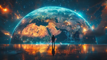 A large scale visualization of Earth reveals its detailed structure and fragile position within the vast expanse of space.