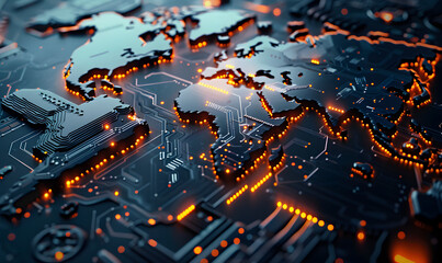 The illuminated digital map of the world is engraved on a dark printed circuit board Innovative Futuristic digital world map with glowing connections illustrating global communication suitable for .