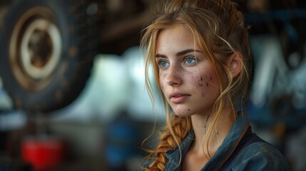 Amidst the industrial aesthetics of a garage and car wheel, a young and congenial woman mechanic's portrait beautifully displays her capability and charm.