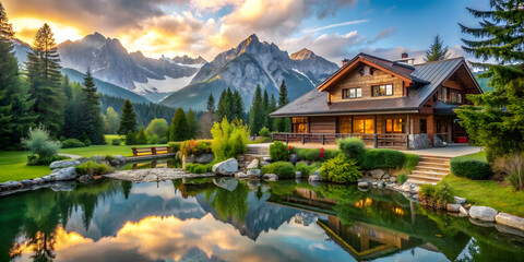 Naklejka premium background of a modern house against the backdrop of mountains