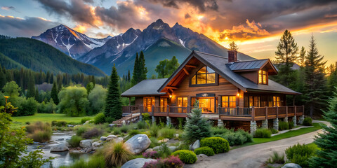 background of a modern house against the backdrop of mountains