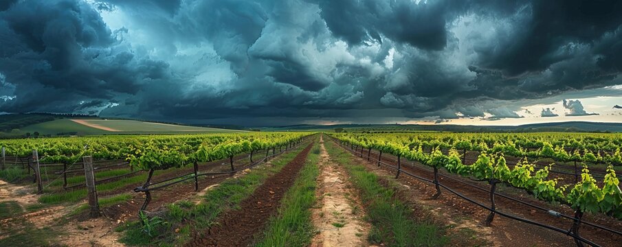 vineyard during a stormy day during spring in the denomination of origin region of Ribera del Duero in the province of Valladolid in Spain