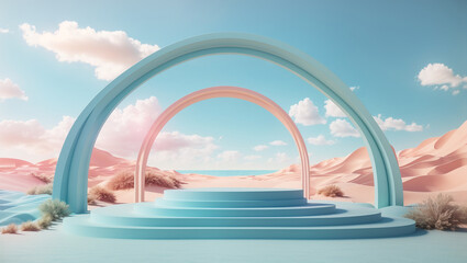 This is a 3D rendering of a stage set. The foreground has a large pink and blue podium, with a blue archway in the background. There is a pink landscape with blue water and pink mountains behind the a