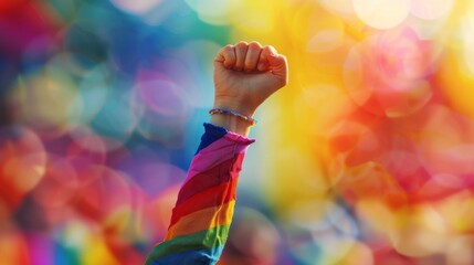 A raised fist in the air, adorned with a rainbow sleeve, symbolizing unity and pride against a colorful background.