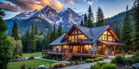 background of a modern house against the backdrop of mountains