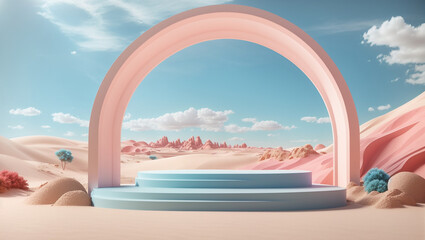 Fototapeta premium This is a 3D rendering of a stage set. The foreground has a large pink and blue podium, with a blue archway in the background. There is a pink landscape with blue water and pink mountains behind the a