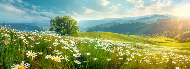Panoramic Pastoral Landscape: Blooming Field of Daisies, Daisy Field in Countryside