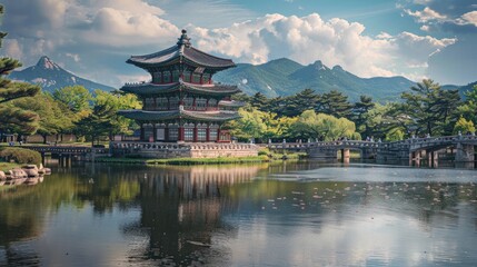 Fototapeta premium Japanese architecture of traditional temple in modern design, AI Generated