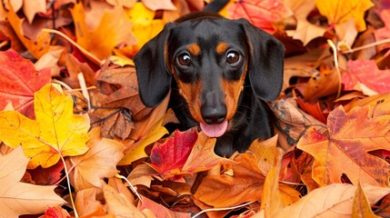 Dachshund puppy joyfully digging in colorful autumn leaves, tongue out, playful energy on display