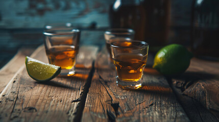 Shots of tequila on wooden background