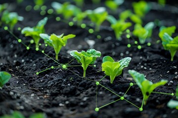 Close-up of young lettuce plants in fertile soil with conceptual network connections symbolizing smart agriculture technology.