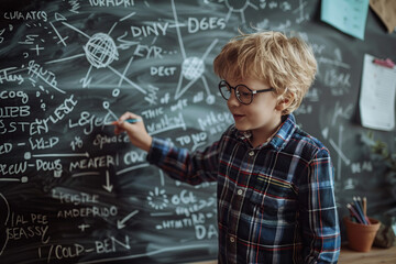 Boy writing on blackboard maths solutions. Concept for Math 2.0 Day 8th July, Teacher Day