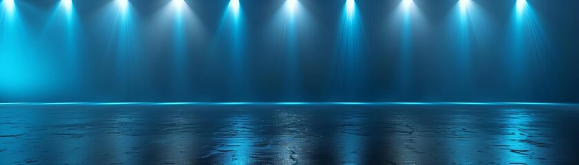 Obraz premium Dimly lit empty stage with blue spotlights creating a dramatic effect on the wet floor surface, perfect for backgrounds or presentations.