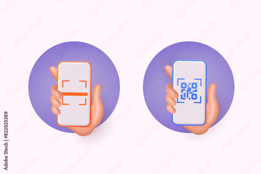 Poster hand holds smartphone and push button to scans qr code for online payment, money transaction on mobi