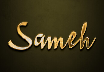 Old gold text effect of Arabic name Sameh with 3D glossy style Mockup.