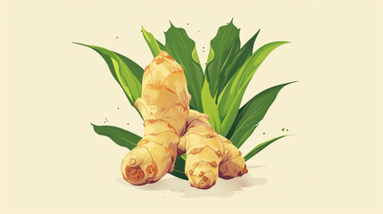Fresh galangal roots with green leaves, illustration highlighting this popular spice used in Asian cuisine and traditional medicine.