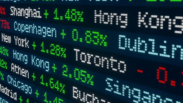 Stock market and exchange, ticker with index changes. Financial markets, cities and percentage index changes, trading, investment. London, Paris, New York, Sydney, Tokyo, Prag, Frankfurt and more.