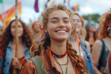 Obraz premium Girl smiles amidst crowd