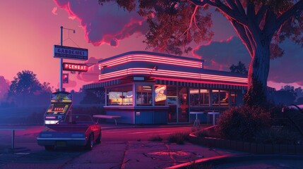 A classic roadside diner with a neon sign, a jukebox, and a menu of diner classics.