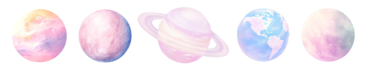 Pastel planet watercolor png element set on transparent background