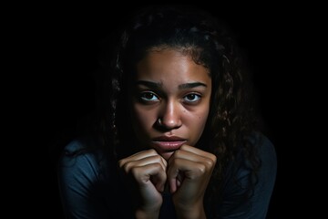 Black background sad black independant powerful Woman realistic person portrait of young beautiful...