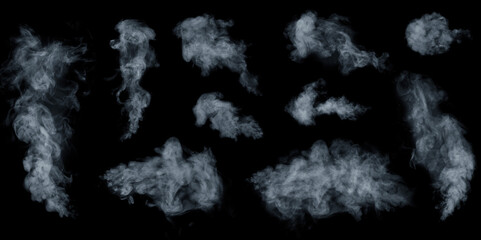 Fog or smoke, steam, vapor set isolated on black background. White cloudiness, mist or smog background.