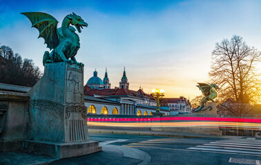  Dragon bridge symbol of Ljubljana, capital of Slovenia, Europe. Long exposure. Time lapse. ...