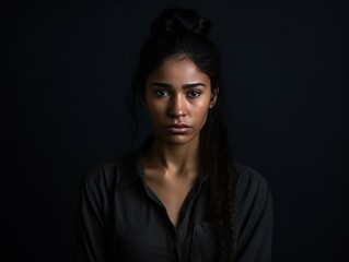 Black background sad black independant powerful Woman realistic person portrait of young beautiful bad mood expression girl Isolated on Background racism skin color depression