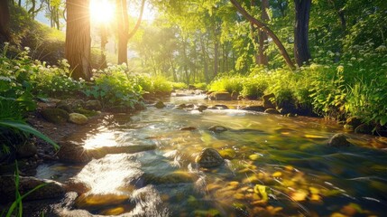 A clear stream flowing through a peaceful, sun-dappled forest.
