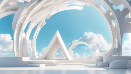 
The image is of a futuristic city with white buildings and a blue sky.