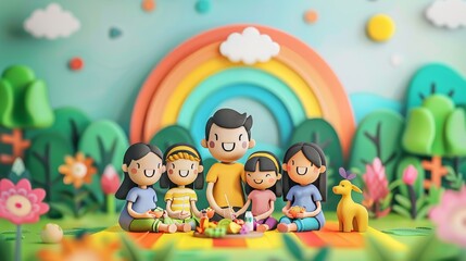 Fototapeta premium 3D cartoon of a diverse LGBTQ family enjoying a picnic in a minimalist setting, with a rainbow in the background Generative AI